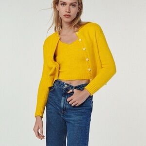 Zara Sunny Yellow Cropped Knit Cardigan & Tank Set small